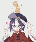  &gt;:) +_+ 1girl :d balancing balancing_on_head blue_eyes blue_hair blue_headwear blush chinese_clothes double_w fang food food_on_head frilled_sleeves frills grey_background hands_up high_collar highres long_sleeves mamimu_(ko_cha_22) miyako_yoshika object_on_head ofuda open_mouth pointy_ears pudding red_shirt shirt short_hair simple_background skin_fang smile solo sparkle star tangzhuang touhou w w_arms wide_sleeves 