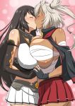 2girls bandages black_gloves black_hair breasts budget_sarashi capelet closed_eyes collar commentary_request cowboy_shot docking elbow_gloves eyebrows_visible_through_hair fingerless_gloves gloves hair_between_eyes highres holding_hands kantai_collection kiss ktktkoto large_breasts long_hair miniskirt multiple_girls musashi_(kantai_collection) nagato_(kantai_collection) pink_background platinum_blonde_hair pleated_skirt pointy_hair red_skirt sarashi short_hair_with_long_locks skirt twintails two_side_up 