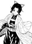  1girl animal_print black_hair black_jacket butterfly_hair_ornament butterfly_print greyscale hair_ornament haori jacket japanese_clothes katana kimetsu_no_yaiba kochou_shinobu kofunami_nana monochrome ponytail sword weapon 