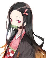  1girl absurdres aida_(chinhung0612) bamboo bit_gag black_hair brown_hair commentary_request forehead gag hair_ribbon highres japanese_clothes kamado_nezuko kimetsu_no_yaiba kimono long_hair long_sleeves looking_at_viewer mouth_hold multicolored_hair pink_eyes pink_kimono pink_ribbon ribbon simple_background solo two-tone_hair very_long_hair white_background 