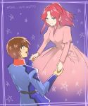  1boy 1girl absurdres back brown_hair cowboy_shot dress flay_allster grey_eyes gundam gundam_seed highres holding_hands kira_yamato light_blush light_smile open_mouth pink_dress redhead shiina_yousei smile star tears violet_eyes 