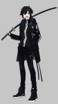  1boy black_eyes black_hair black_jacket grey_background hand_in_pocket highres holding holding_sword holding_weapon jacket katana konbumeshi male_focus open_mouth original over_shoulder shoes simple_background smile sneakers solo sword weapon weapon_over_shoulder zipper zipper_pull_tab 