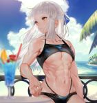  1girl abs bangs biceps bikini blunt_bangs bow bra breasts collarbone commentary_request cup drink drinking_glass drinking_straw fate/grand_order fate_(series) hair_bow kodama_(wa-ka-me) long_hair medium_breasts muscle muscular_female navel parted_lips penthesilea_(fate/grand_order) sidelocks solo stomach sweat swimsuit tropical_drink under_boob underwear white_hair yellow_eyes 