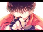  1boy black_gloves black_hair face fingerless_gloves gloves hagiri_kaname jacket looking_at_viewer male_focus portrait red_eyes red_jacket rinko_(usoppachi) short_hair soles yuu_yuu_hakusho 