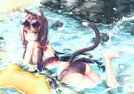  1girl animal_ear_fluff animal_ears bangs bare_shoulders beach beliatan bikini black_bikini black_hair blush bow cat_ears cat_tail day eyebrows_visible_through_hair eyewear_on_head frilled_bikini frills glasses green_eyes hair_between_eyes highres innertube kyaru_(princess_connect) leg_up long_hair looking_at_viewer looking_back low_twintails lying multicolored_hair ocean on_stomach open_mouth outdoors partially_submerged princess_connect! princess_connect!_re:dive red_bow solo starfish streaked_hair sunglasses swimsuit tail triangle_mouth twintails water waves white_hair 