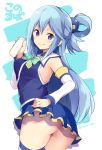  &gt;:) 1girl 5pb. aqua_(konosuba) aqua_neckwear ass bangs blue_eyes blue_hair blue_skirt blush bottle bow bowtie closed_mouth commentary_request cowboy_shot cute detached_sleeves fujimi_shobo hair_rings hand_on_hip holding holding_bottle kadokawa_shoten kono_subarashii_sekai_ni_shukufuku_wo! looking_at_viewer mages_(company) milk miniskirt moe rokushou_kokuu shousetsuka_ni_narou skirt smile solo striped striped_legwear studio_deen thigh-highs twisted_torso twitter_username 