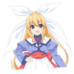  1girl :d bangs blonde_hair blue_eyes blue_jacket blue_shirt blush breasts collared_shirt copyright_request cropped_torso eyebrows_visible_through_hair hair_between_eyes hair_ribbon hand_on_hip high_ponytail jacket juliet_sleeves long_hair long_sleeves neck_ribbon onosaki_kiyoka open_mouth ponytail puffy_sleeves red_ribbon ribbon shirt sidelocks simple_background skirt sleeves_past_wrists small_breasts smile solo translated upper_body ushi v-shaped_eyebrows very_long_hair white_background white_ribbon white_skirt 