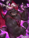  1boy artist_name clenched_hand dated dragaux dragon fire flexing furry highres horns leotard looking_at_viewer male_focus muscle pose purple_fire ring_fit_adventure sharp_teeth snartles teeth violet_eyes watermark wings 