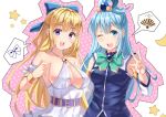  2girls absurdres aqua_(konosuba) blonde_hair blue_eyes blue_hair commentary_request hair_intakes hair_ornament hair_ribbon hair_rings highres holmemee kono_subarashii_sekai_ni_shukufuku_wo! kono_yuusha_ga_ore_tueee_kuse_ni_shinchou_sugiru long_hair multiple_girls ribbon ristarte_(kono_yuusha_ga_ore_tueee_kuse_ni_shinchou_sugiru) violet_eyes x_hair_ornament 