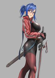  1girl ass black_hair blue_eyes blush bodysuit breasts executioner&#039;s_sword highres jacket kilye_4421 knight lips original pants ponytail red_jacket skin_tight sword weapon 