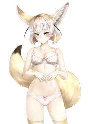  1girl aino-san_(miximixi39) animal_ear_fluff animal_ears bare_arms bare_shoulders black_hair blonde_hair blush bow bow_panties bra breasts closed_mouth collarbone cowboy_shot extra_ears eyebrows_visible_through_hair fennec_(kemono_friends) fox_ears fox_tail half-closed_eyes highres kemono_friends light_smile looking_at_viewer medium_hair multicolored_hair navel own_hands_together panties simple_background skindentation solo stomach striped striped_panties tail thigh-highs underwear underwear_only white_background white_hair yellow_eyes 