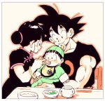  1girl 2boys baby bangs black_dress black_eyes black_hair black_shirt blunt_bangs blush blush_stickers border bowl bracelet broccoli carrying chair chi-chi_(dragon_ball) china_dress chinese_clothes commentary_request cup dragon_ball dragon_ball_(object) dress family father_and_son feeding fingernails food hair_bun happy hat holding holding_spoon jewelry looking_at_another looking_down monkey_tail mother_and_son multiple_boys outline pine_(pi_ne_t) plate profile rice shiny shiny_hair shirt short_sleeves simple_background sitting smile son_gohan son_gokuu spiky_hair spoon spoon_in_mouth table tail tied_hair upper_body white_background white_border wide-eyed younger 