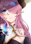  1girl absurdres blue_eyes blush breasts bug butterfly commentary draph granblue_fantasy hair_over_one_eye highres insect long_hair medium_breasts mirai&#039;g narmaya_(granblue_fantasy) parted_lips pink_hair solo upper_body white_background 