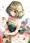  1girl absurdres bangs breasts dress elbow_gloves eyebrows_visible_through_hair gloves hair_ornament highres idolmaster idolmaster_cinderella_girls lips medium_breasts mole mole_under_eye petals piromizu quiver scan short_hair simple_background solo strapless strapless_dress takagaki_kaede white_gloves 