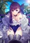  1girl absurdres bangs bare_shoulders blue_eyes blue_ribbon blush breasts choker closed_mouth collarbone commentary_request day eyebrows_visible_through_hair fate_(series) hair_between_eyes highres kmako1 long_hair long_sleeves looking_at_viewer meltryllis meltryllis_(swimsuit_lancer)_(fate) outdoors purple_hair ribbon sleeves_past_fingers sleeves_past_wrists small_breasts smile solo swimsuit very_long_hair 