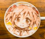  1girl absurdres bangs belcorno blush cappuccino_(drink) choker close-up coffee coffee_mug collarbone commentary_request cup eyebrows_visible_through_hair face food food_art hair_between_eyes hair_ribbon happy highres kaname_madoka latte_art looking_at_viewer mahou_shoujo_madoka_magica mug parted_bangs photo pink_eyes pink_hair ribbon ribbon_choker short_twintails smile solo soul_gem twintails unconventional_media upper_body 