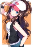  1girl artist_name baseball_cap black_vest blue_eyes brown_hair commentary_request curly_hair denim denim_shorts hat high_ponytail highres long_hair nabekokoa pokemon ponytail shirt short_shorts shorts sidelocks sleeveless sleeveless_shirt tank_top touko_(pokemon) vest white_shirt wristband 