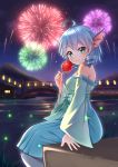  1girl aqua_kimono aqua_sash bangs bare_shoulders blue_eyes blue_hair blue_skirt bridge bushi_(1622035441) candy_apple commentary_request drill_hair drill_locks eyebrows_visible_through_hair feet_out_of_frame fireflies fireworks food head_fins highres holding holding_food japanese_clothes kimono looking_at_viewer mermaid monster_girl night night_sky obi off_shoulder outdoors railing sash short_hair sitting skirt sky smile solo touhou wakasagihime 