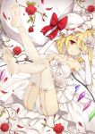  1girl ;) ass bangs bare_shoulders bed_sheet blonde_hair bow choker collarbone crystal dress elbow_gloves eyebrows_visible_through_hair flan_(seeyouflan) flandre_scarlet flower full_body garter_straps gloves hair_between_eyes hair_flower hair_ornament hand_up hat hat_bow highres legs_up long_hair looking_at_viewer lying mob_cap no_shoes on_back one_eye_closed one_side_up panties petals pillow red_bow red_eyes red_flower red_rose ribbon ribbon_choker rose rose_petals smile solo strapless strapless_dress thigh-highs thighs touhou underwear white_bow white_choker white_dress white_flower white_gloves white_headwear white_legwear white_panties white_ribbon white_rose wings 