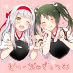  2girls anbutter_siruko blush closed_eyes eyebrows_visible_through_hair green_hair hair_between_eyes hair_ribbon headband heart holding holding_spoon japanese_clothes kantai_collection long_hair multiple_girls muneate one_eye_closed open_mouth red_headband ribbon shoukaku_(kantai_collection) smile spoon tasuki tongue tongue_out twintails white_hair white_ribbon yellow_eyes zuikaku_(kantai_collection) 