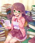  1girl book book_stack bow brown-framed_eyewear brown_hair chair curtains fang frills glasses green_eyes hair_tie hand_on_own_cheek indoors jacket long_hair looking_at_viewer manga_(object) official_art open_book otosume_ruiko pink_jacket plaid plaid_skirt red_bow sitting skin_fang skirt solo table wooden_floor 