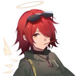  1girl arknights bangs brown_eyes closed_mouth exusiai_(arknights) eyebrows_visible_through_hair eyewear_on_head food food_in_mouth green_jacket hair_over_one_eye halo highres hua_ye jacket looking_at_viewer mouth_hold pocky redhead simple_background solo sunglasses upper_body white_background 