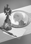  1girl kishin_sagume mirror monochrome paper pen reflection single_wing solo touhou wings yamamomo_(plank) 