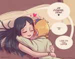  2girls bangdacy barbara_parker bed black_hair blonde_hair blush cuddling english_text hug jewelry little_witch_academia long_hair lotte_jansson multiple_girls open_mouth ring short_hair yuri 