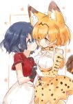  2girls animal_ears black_hair blonde_hair face-to-face gloves highres kaban_(kemono_friends) kemono_friends life_neko72 looking_at_another multiple_girls serval_(kemono_friends) short_hair smile tail yuri 