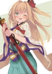  1girl ;d blonde_hair blush bow choker eip_(pepai) granblue_fantasy green_eyes hair_ornament hair_ribbon holding holding_weapon japanese_clothes katana kimono long_hair long_sleeves mirin_(granblue_fantasy) one_eye_closed open_mouth ribbon ribbon_choker sheath side_ponytail simple_background smile solo sword weapon wide_sleeves 