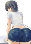  1girl absurdres arm_support artist_name ass bangs black_hair black_shorts braid brown_eyes casual closed_mouth commentary_request cowboy_shot denim denim_shorts eyebrows_visible_through_hair from_behind girls_und_panzer highres kakimoto_nao leaning_forward looking_at_viewer looking_back midriff pepperoni_(girls_und_panzer) shirt short_hair short_shorts shorts side_braid signature smile solo standing t-shirt white_background white_shirt 