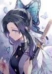 1girl bangs black_hair breasts bug butterfly butterfly_hair_ornament commentary_request face from_side hair_ornament hoshino_koucha insect japanese_clothes katana kimetsu_no_yaiba kochou_shinobu large_breasts long_hair long_sleeves multicolored_hair parted_bangs purple_hair solo sword uniform violet_eyes weapon 