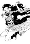  1girl asa_no_ha_(pattern) bamboo black_hair black_jacket checkered_obi greyscale jacket japanese_clothes kamado_nezuko kimetsu_no_yaiba kimono kofunami_nana long_hair monochrome obi sash very_long_hair 