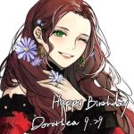  1girl brown_hair character_name dorothea_arnault earrings fire_emblem fire_emblem:_three_houses flower green_eyes happy_birthday jewelry long_hair one_eye_closed ring solo tomatoccccat upper_body white_background 