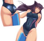  1girl adjusting_clothes adjusting_swimsuit animal_ears arm_behind_back ass ass_visible_through_thighs bangs between_legs black_swimsuit breasts brown_hair competition_swimsuit covered_navel cropped_legs crotch_seam dutch_angle eyebrows_visible_through_hair facial_mark highres kickboard long_hair looking_at_viewer mayomaru1 medium_breasts multiple_views one-piece_swimsuit open_mouth original red_eyes simple_background smile solo standing swimsuit thighs white_background wind 