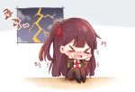  &gt;_&lt; 1girl black_jacket black_legwear blazer blush chibi closed_eyes crying dark_sky girls_frontline hair_ribbon half_updo hands_on_own_cheeks hands_on_own_face highres honyang jacket lightning long_hair long_sleeves necktie open_mouth pantyhose purple_hair red_neckwear red_ribbon ribbon scared sitting solo sound_effects wa2000_(girls_frontline) 