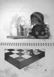  2girls board_game capelet chess chess_piece chessboard doremy_sweet from_behind hat kishin_sagume monochrome multiple_girls single_wing touhou wings yamamomo_(plank) 