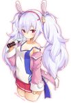  1girl animal_ears azur_lane bangs blush bottle camisole commentary_request cowboy_shot cropped_legs eyebrows_visible_through_hair fake_animal_ears hair_between_eyes hairband holding holding_bottle jacket laffey_(azur_lane) long_hair long_sleeves looking_at_viewer off_shoulder pink_jacket pleated_skirt rabbit_ears red_eyes red_skirt rokushou_kokuu simple_background skirt solo strap_slip twintails twitter_username white_background white_hair 