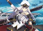  1girl aircraft aircraft_carrier artist_request azur_lane belt black_belt black_coat black_neckwear blue_sky bow_(weapon) clouds coat commentary_request enterprise_(azur_lane) eyebrows_visible_through_hair flight_deck hat military military_hat military_vehicle ocean open_clothes open_coat peaked_cap ship shirt sky sleeveless sleeveless_shirt smile underbust warship watercraft weapon white_headwear 