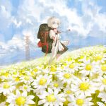  1girl backpack bag bangs blue_eyes blush clothes_around_waist day eyebrows_visible_through_hair flower grey_hair highres jewelry looking_at_viewer original outdoors pendant power_lines reoen short_hair short_sleeves smile solo standing 