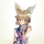  1girl bangs bare_arms bare_shoulders blonde_hair blush bracelet breasts brown_eyes commentary_request copyright_name dated earmuffs grey_background hair_between_eyes hand_up highres holding holding_microphone jewelry looking_at_viewer matsuda_(matsukichi) medium_breasts microphone neck_ribbon pointy_hair purple_neckwear purple_ribbon ribbon short_hair sleeveless smile solo touhou toyosatomimi_no_miko upper_body 