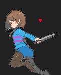  1girl androgynous breasts brown_hair chara_(undertale) closed_mouth commentary_request heart jewelry knife looking_at_viewer looking_back necklace oshiruko_(tsume) pantyhose red_eyes shirt short_hair shorts simple_background small_breasts smile solo striped striped_shirt striped_sweater sweater undertale 