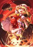  1girl :d blonde_hair bobby_socks cravat debris destruction embers eyebrows_visible_through_hair fang fiery_background fire flandre_scarlet folded_leg full_body fun_bo hair_between_eyes hand_on_own_head hat hat_ribbon holding holding_weapon laevatein looking_at_viewer mary_janes mob_cap open_mouth petticoat puffy_short_sleeves puffy_sleeves red_eyes red_footwear red_skirt red_vest ribbon rock shirt shoes short_hair short_sleeves side_ponytail skin_fang skirt skirt_set smile socks solo touhou vest weapon white_headwear white_legwear white_shirt wind wind_lift yellow_neckwear 