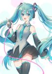  1girl absurdres ajing aqua_eyes aqua_hair bare_shoulders blue_eyes blue_nails blush commentary_request detached_sleeves hatsune_miku highres long_hair long_sleeves looking_at_viewer necktie open_mouth skirt sleeveless smile solo thigh-highs twintails very_long_hair vocaloid 
