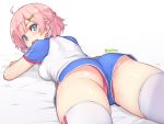  1girl :d ahoge ass bed_sheet blue_eyes blue_shorts blush boyshorts braid breasts commentary_request dan_(kumadan) fang from_behind hair_ornament looking_at_viewer looking_back lying medium_breasts on_stomach open_mouth original panties panty_peek pink_hair raglan_sleeves red_panties shirt short_hair shorts sidelocks smile solo thigh-highs twitter_username underwear white_background white_legwear white_shirt x_hair_ornament 