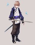  1boy beige_background belt blue_eyes brown_hair closed_mouth floating hair_between_eyes highres holding holding_sword holding_weapon ice konbumeshi male_focus original pouch scabbard sheath simple_background standing sword weapon 