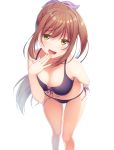  1girl :d backlighting bangs bikini bloom blush bow breasts brown_hair eyebrows_visible_through_hair front-tie_bikini front-tie_top hair_bow hand_on_hip hand_to_own_mouth hand_up highres leaning_forward long_hair looking_at_viewer makatani medium_breasts navel open_mouth original ponytail purple_bikini side-tie_bikini sidelocks simple_background smile solo standing swimsuit very_long_hair yellow_eyes 
