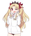 1girl bangs blonde_hair blush breasts chan_co drawstring ereshkigal_(fate/grand_order) fate/grand_order fate_(series) highres hood hoodie long_hair long_sleeves looking_at_viewer one_eye_closed open_mouth parted_bangs red_eyes simple_background smile solo sweater two_side_up white_background white_sweater 