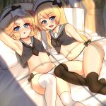  22-sai_(1092344778) 2girls absurdres adapted_costume bed black_legwear black_neckwear blonde_hair blue_eyes blue_sailor_collar commentary_request crop_top gloves hat highres janus_(kantai_collection) jervis_(kantai_collection) kantai_collection looking_at_viewer multiple_girls navel open_mouth panties pillow round_teeth sailor_collar sailor_hat teeth thigh-highs underwear upper_teeth white_gloves white_headwear white_legwear white_panties 