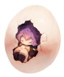  1girl bernadetta_von_varley black_footwear boots chibi closed_eyes closed_mouth commentary_request egg fire_emblem fire_emblem:_three_houses garreg_mach_monastery_uniform highres knee_boots long_sleeves manino_(mofuritaionaka) minigirl purple_hair simple_background sitting solo white_background 